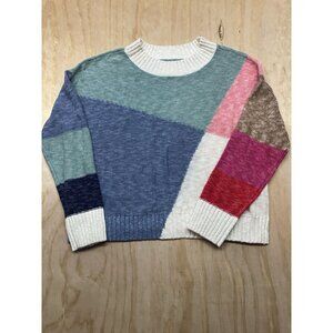 NIC+ZOE Colorblock Mix Sweater M Crew Neck Multi Color Knit Quiet Luxury Preppy